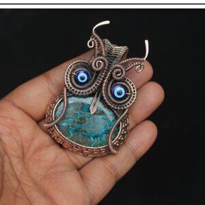 Hawaiian Owl Pueo Copper Pendant Chrysocolla Gemstone Wire Wrap